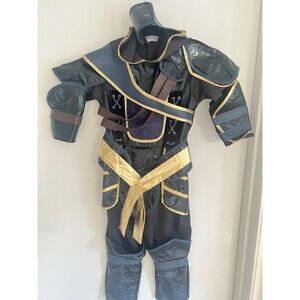 Kids Ninja Warrior Costume Black Gold Armor Hood Mask Halloween Child 4-6